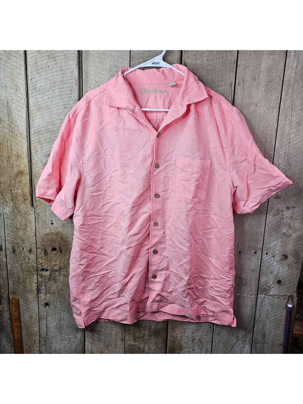 Caribbean Hawaiian Camp Shirt Men's Large Pink Tropical Button Front Casual